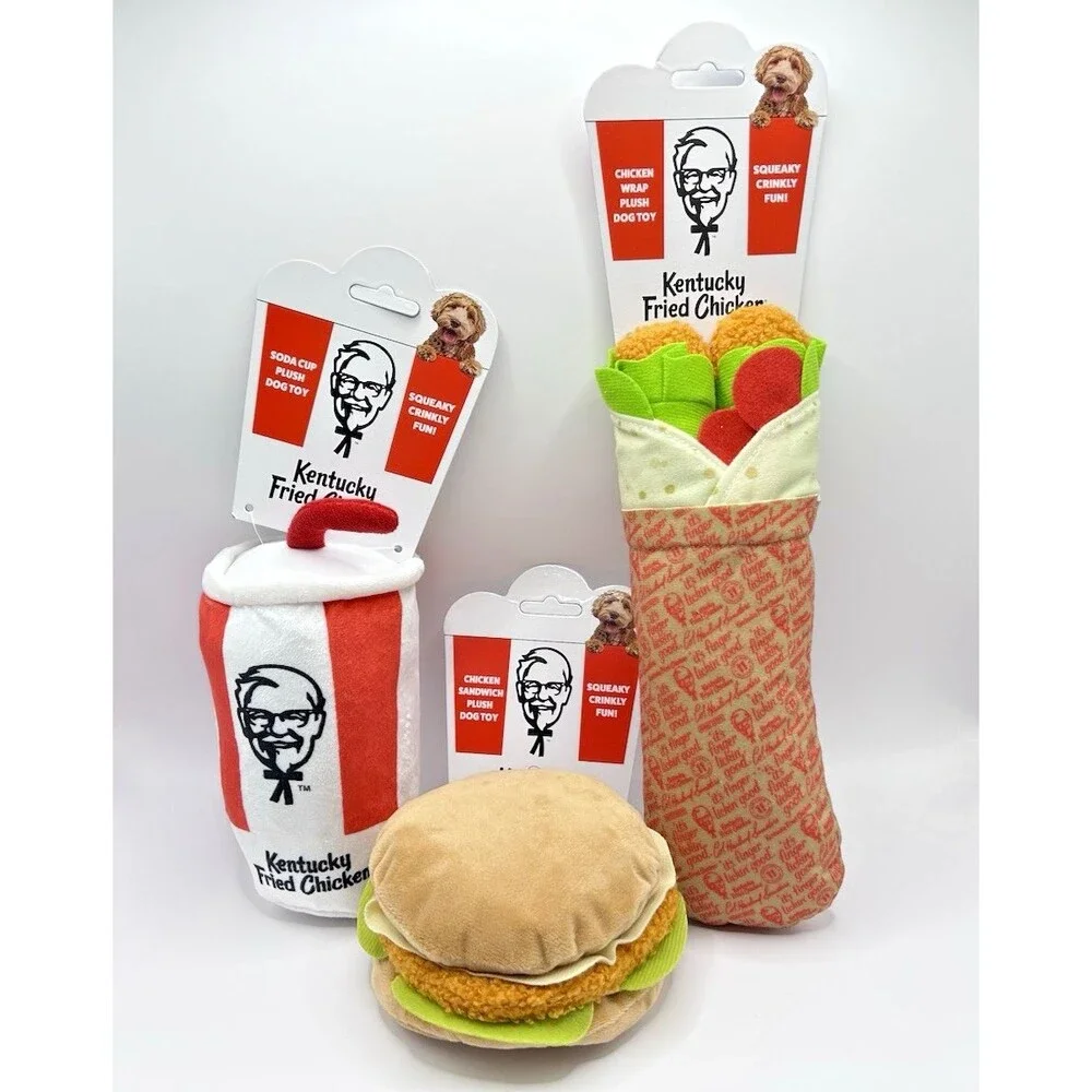 KFC Kentucky Fried Chicken Plush Squeaky Dog Toys Lot Of 3 Wrap, Sandwich & Soda